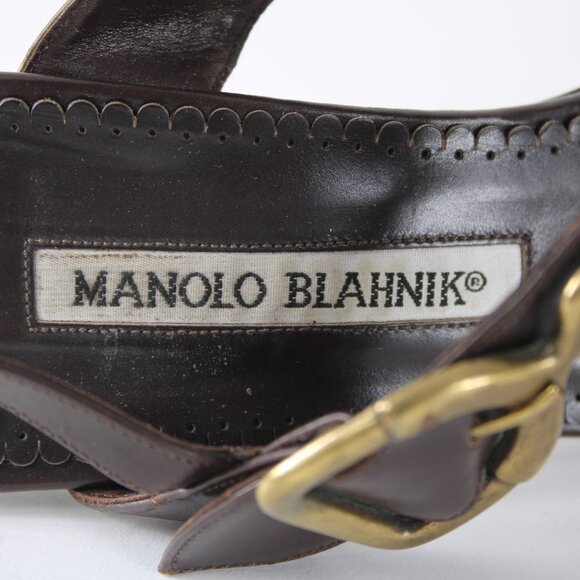 Manolo Blahnik Heels Sz 35.5 Teodo Calf Brown Brass Buckles Rhinestone Sandals - Picture 9 of 12